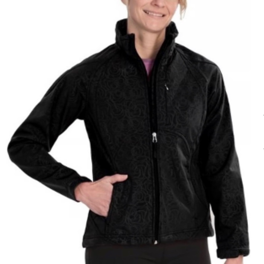 Double Diamond Black Floral Rose Embossed Print Women’s Zip Up Coat Jacket Sz M